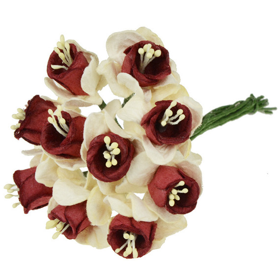 10 CREAM/DEEP RED MULBERRY PAPER DAFFODIL STEM FLOWERS