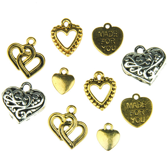 10 MIXED METAL HEART EMBELLISHMENTS