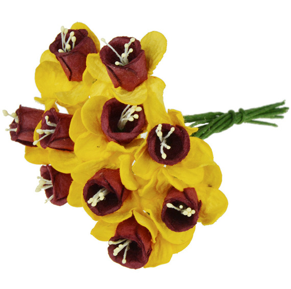 10 YELLOW/DEEP RED MULBERRY PAPER DAFFODIL STEM FLOWERS