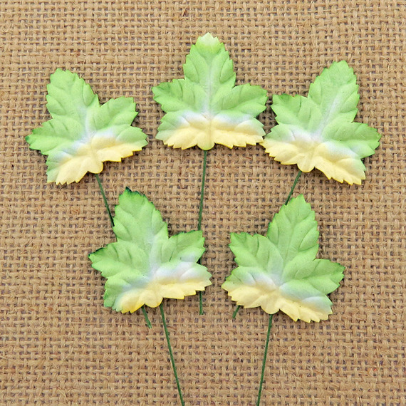 100 2-TONE GREEN/WHITE MAPLE MULBERRY PAPER LEAVES - 45mm