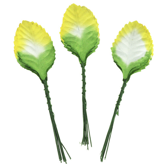 100 2-TONE GREEN/WHITE/YELLOW MULBERRY PAPER LEAVES - 25mm (1")