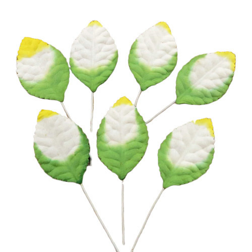 100 2-TONE GREEN/WHITE/YELLOW MULBERRY PAPER LEAVES - 30mm (1,18")