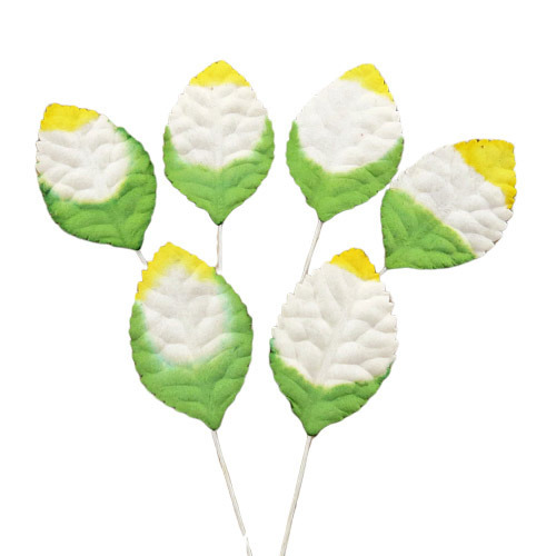 100 2-TONE GREEN/WHITE/YELLOW MULBERRY PAPER LEAVES - 35mm