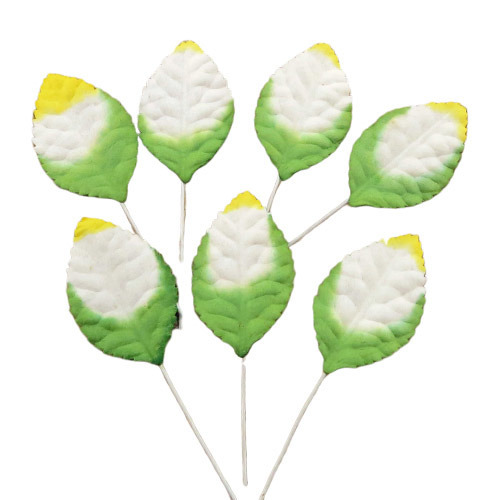 100 2-TONE GREEN/WHITE/YELLOW MULBERRY PAPER LEAVES - 45mm 