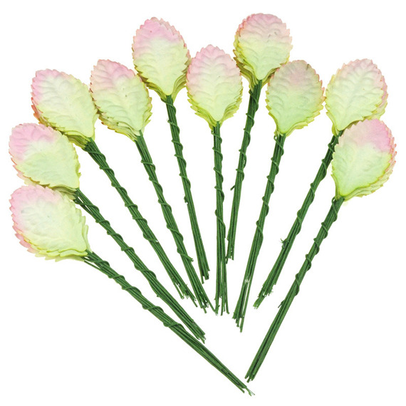 100 2-TONE LT. GREEN/BABY PINK MULBERRY PAPER ROSE LEAVES - 1" (25mm)