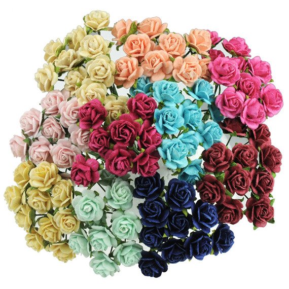 100 MIXED COLOUR OPEN ROSES 25MM