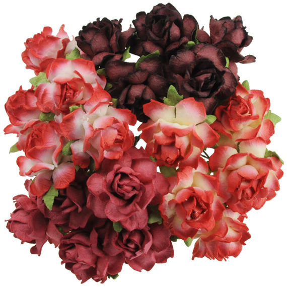 20 MIXED RED MULBERRY PAPER COTTAGE ROSES 25mm