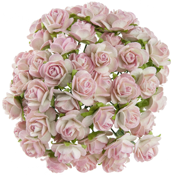 25 2-TONE BABY PINK/IVORY MULBERRY PAPER OPEN ROSES 25MM
