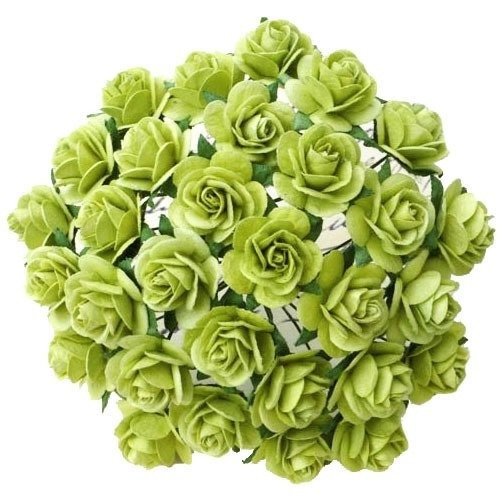 25 LIGHT LIME GREEN MULBERRY PAPER OPEN ROSES 25MM