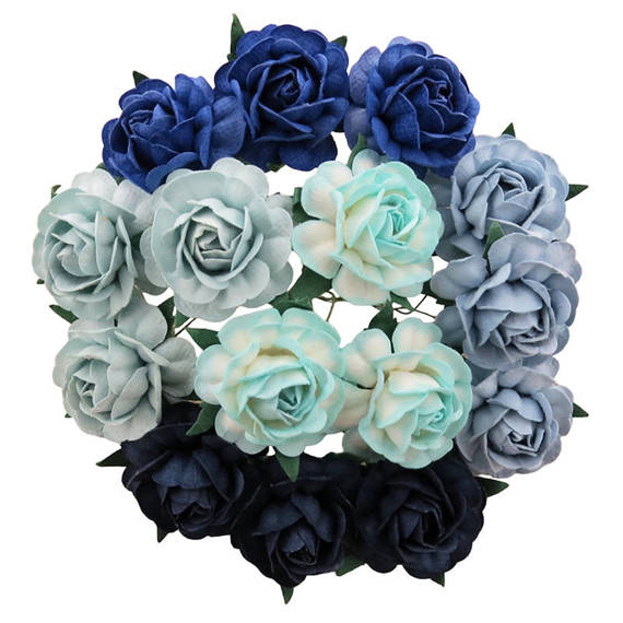 25 MIXED BLUE MULBERRY PAPER TEA ROSES 40MM