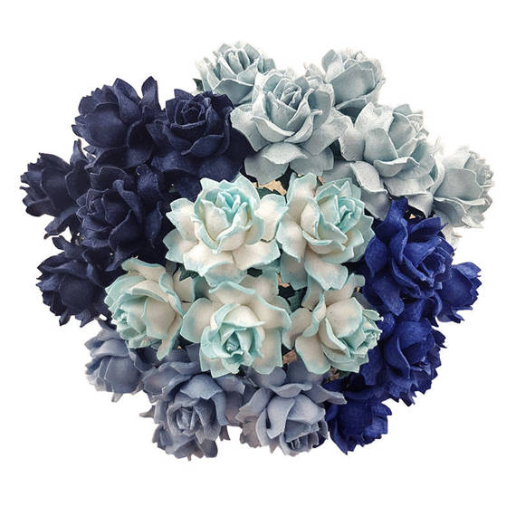 25 MIXED BLUE TONE MULBERRY PAPER COTTAGE ROSES 30mm