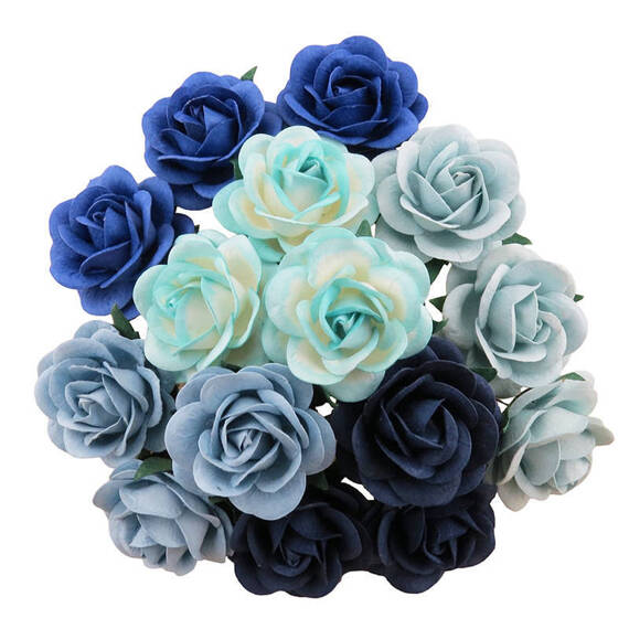 25 MIXED BLUE TONE MULBERRY PAPER TRELLIS ROSES 40MM