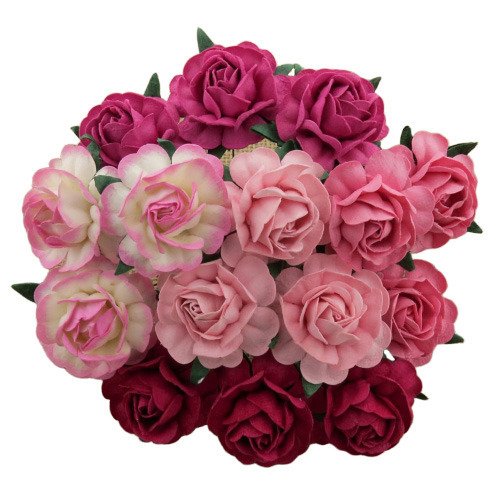 25 MIXED PINK MULBERRY PAPER TEA ROSES 40MM