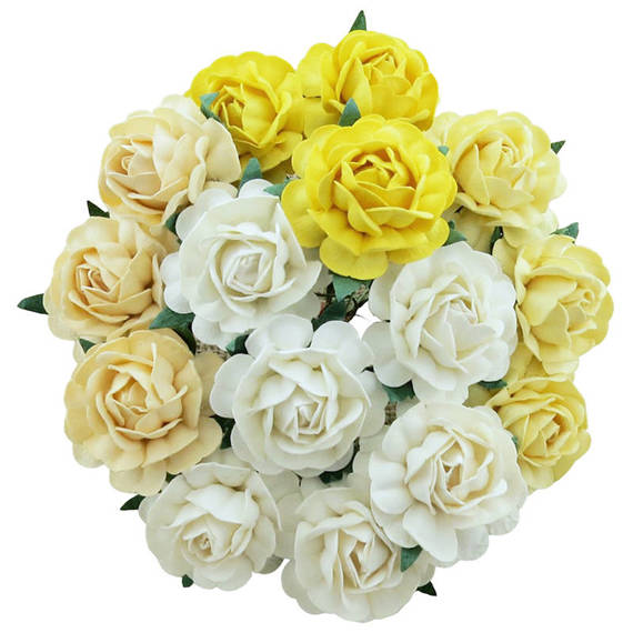 25 MIXED WHITE/CREAM MULBERRY PAPER TEA ROSES 40MM