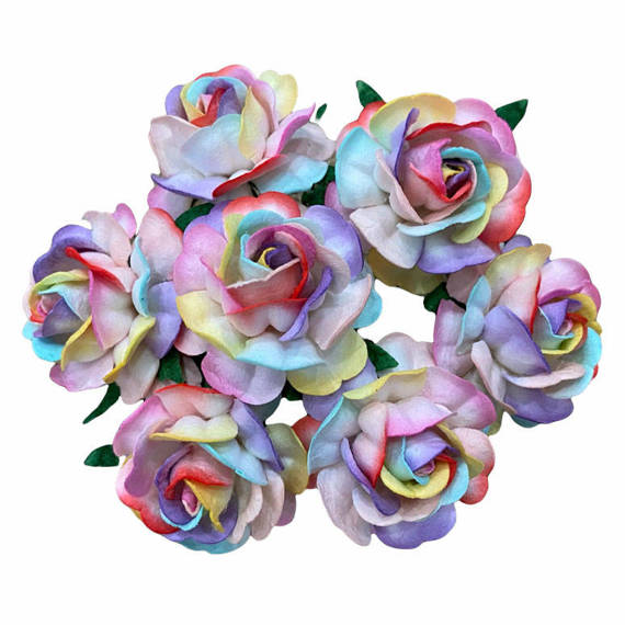 25 RAINBOW COLORED MULBERRY PAPER TEA ROSES 40mm