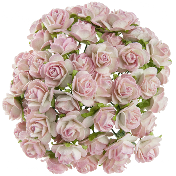 50 2-TONE BABY PINK/IVORY MULBERRY PAPER OPEN ROSES 20MM