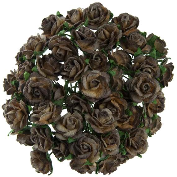 50 2-TONE CHOCOLATE BROWN MULBERRY PAPER OPEN ROSES 15 MM