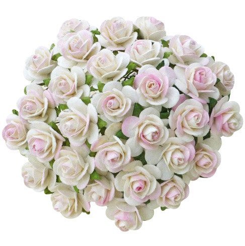 50 2-TONE IVORY/PALE PINK MULBERRY PAPER OPEN ROSES 20 MM