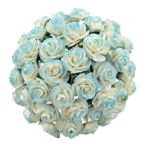 50 2-TONE LIGHT TURQUOISE MULBERRY PAPER OPEN ROSES, 10 mm