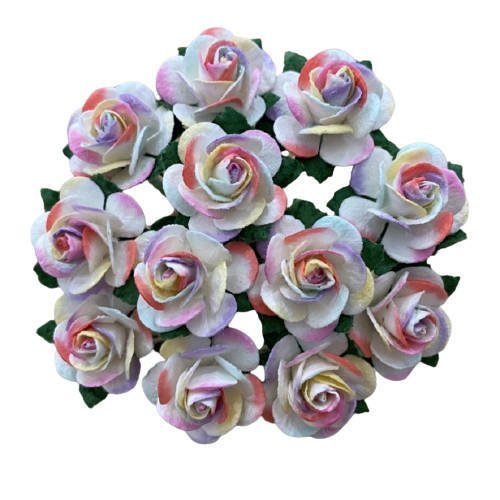 50 2-TONE PASTEL RAINBOW MULBERRY PAPER OPEN ROSES 15 MM