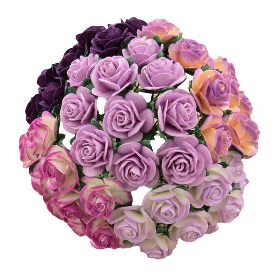 50 MIXED 2-TONE PURPLE/LILAC OPEN ROSES 20 MM