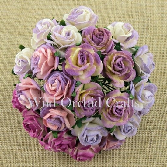 50 MIXED 2-TONE PURPLE/LILAC OPEN ROSES 25 MM