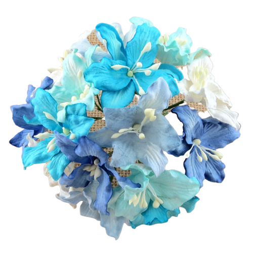 50 MIXED BLUE AND WHITE MULBERRY PAPER LILY FLOWERS
