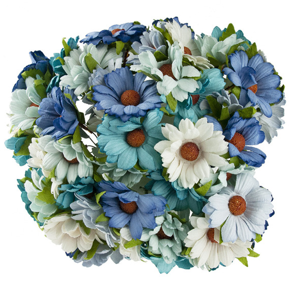 50 MIXED BLUE/AQUA MULBERRY PAPER CHRYSANTHEMUMS