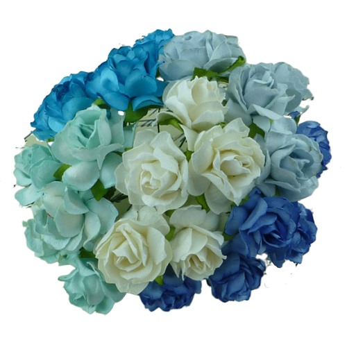 50 MIXED BLUE/AQUA/WHITE MULBERRY PAPER WILD ROSES 1¼" (30mm)