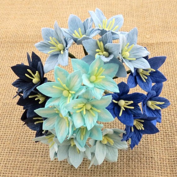 50 MIXED BLUE MULBERRY PAPER LILY FLOWERS