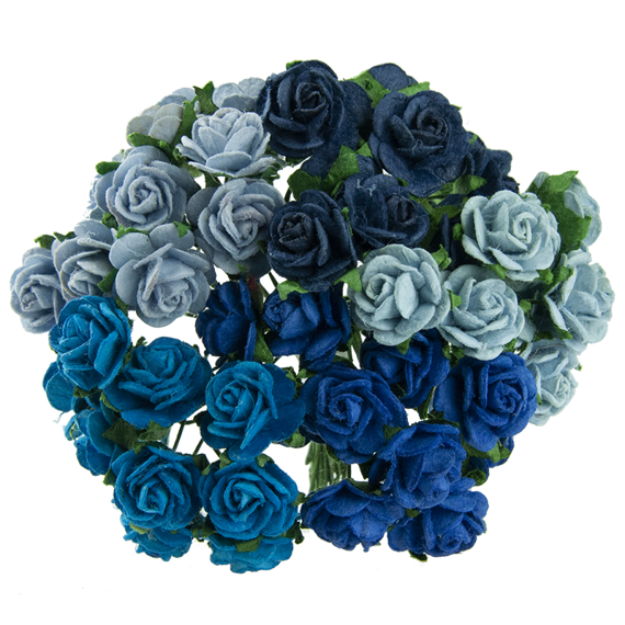 50 MIXED BLUE MULBERRY PAPER OPEN ROSES 10MM