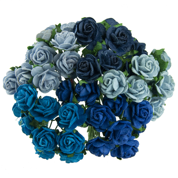 50 MIXED BLUE MULBERRY PAPER OPEN ROSES 20 MM