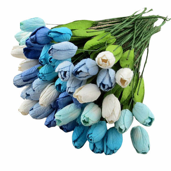 50 MIXED BLUE MULBERRY PAPER TULIP FLOWERS WITH LEAF STEMS