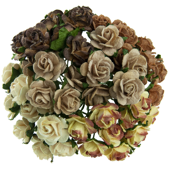 50 MIXED BROWN TONE MULBERRY PAPER OPEN ROSES 25 MM