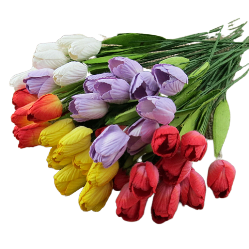 50 MIXED COLOUR MULBERRY PAPER TULIP FLOWERS WITH LEAF STEMS