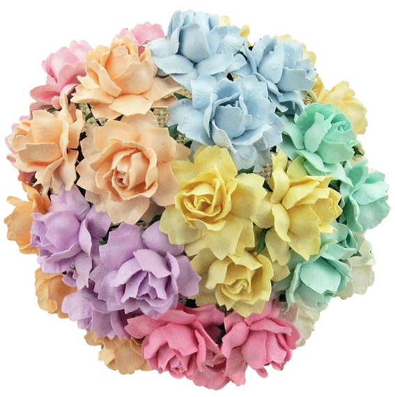 50 MIXED PASTEL MULBERRY PAPER COTTAGE ROSES