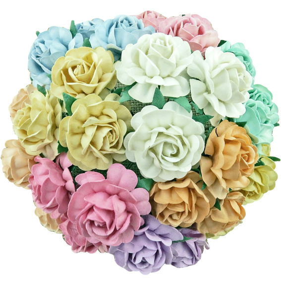 50 MIXED PASTEL MULBERRY PAPER TEA ROSES 40mm