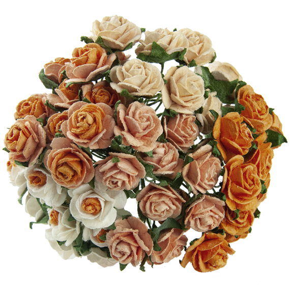 50 MIXED PEACH/ORANGE MULBERRY PAPER OPEN ROSES 25 MM