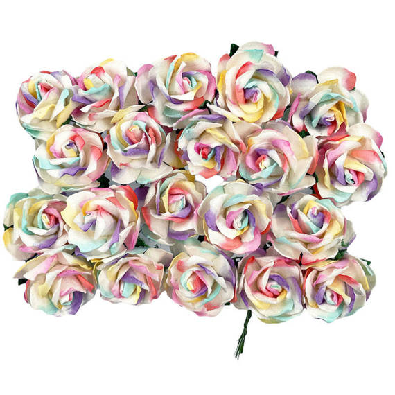 50 RAINBOW COLORED MULBERRY PAPER WILD ROSES 1¼" (30mm)