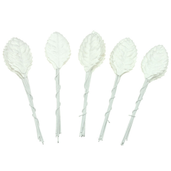 50 WHITE MULBERRY PAPER LEAVES WITH STEM 1½" (40mm)