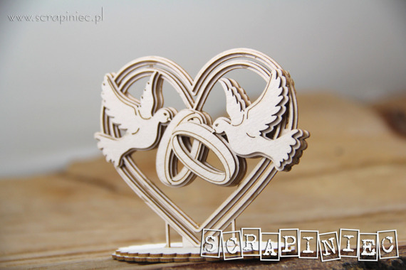 Chipboard - Love in 3D - Heart, doves and rings 3D 