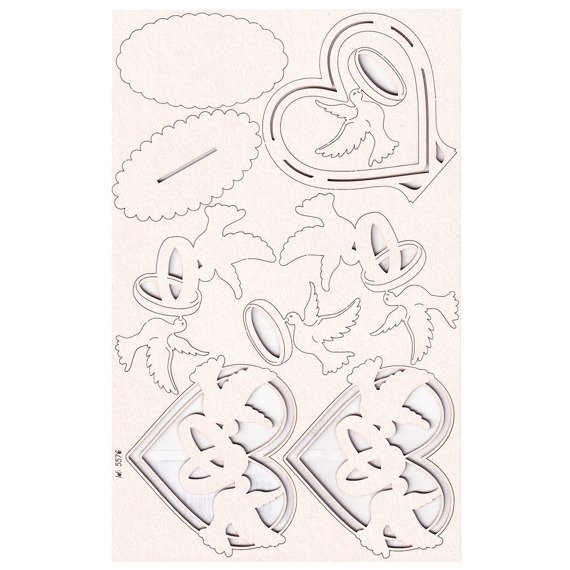 Chipboard - Love in 3D - Heart, doves and rings 3D 