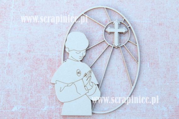 Chipboard Picture of a boy with stained glass window and cross - First Communion