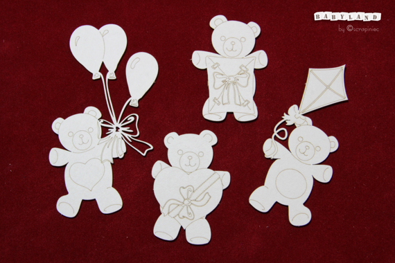 Chipboard teddies with balloons, kite, heart, gift box - Babyland - Party Teddies