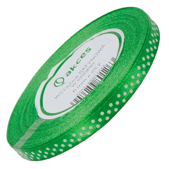 Green satin ribbon with white dots 6mm - 23m