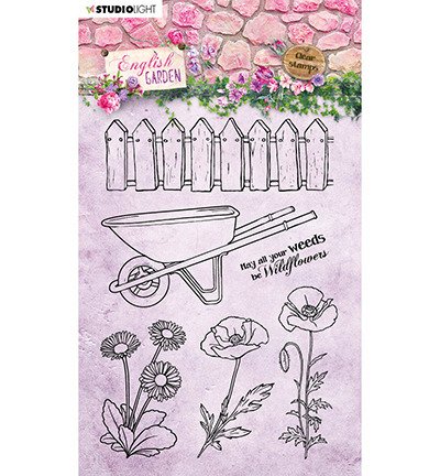 Stamp - StudioLight - English Garden No. 433 wheelbarrow fence poppies