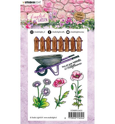 Stamp - StudioLight - English Garden No. 433 wheelbarrow fence poppies