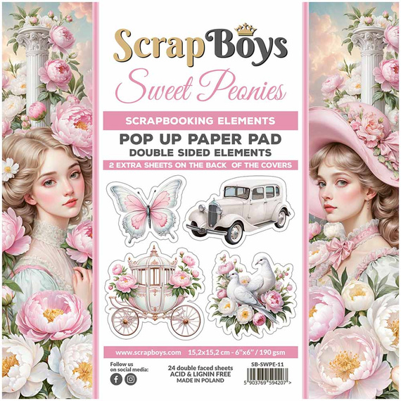 Scrapbooking Craft Papier Set for scrapbooking with 15x15 elements - SCRAPBOYS - Sweet Peonies Pop-Up