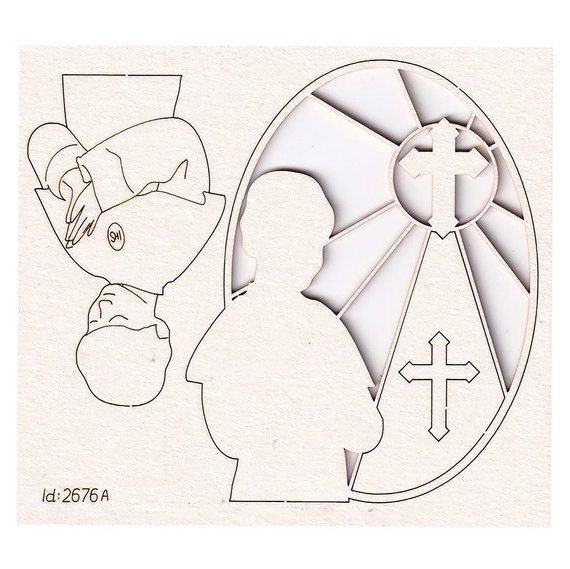 Chipboard Picture of a boy with stained glass window and cross - First Communion