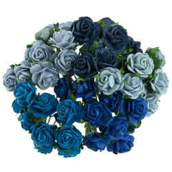 50 MIXED BLUE MULBERRY PAPER OPEN ROSES 25 MM